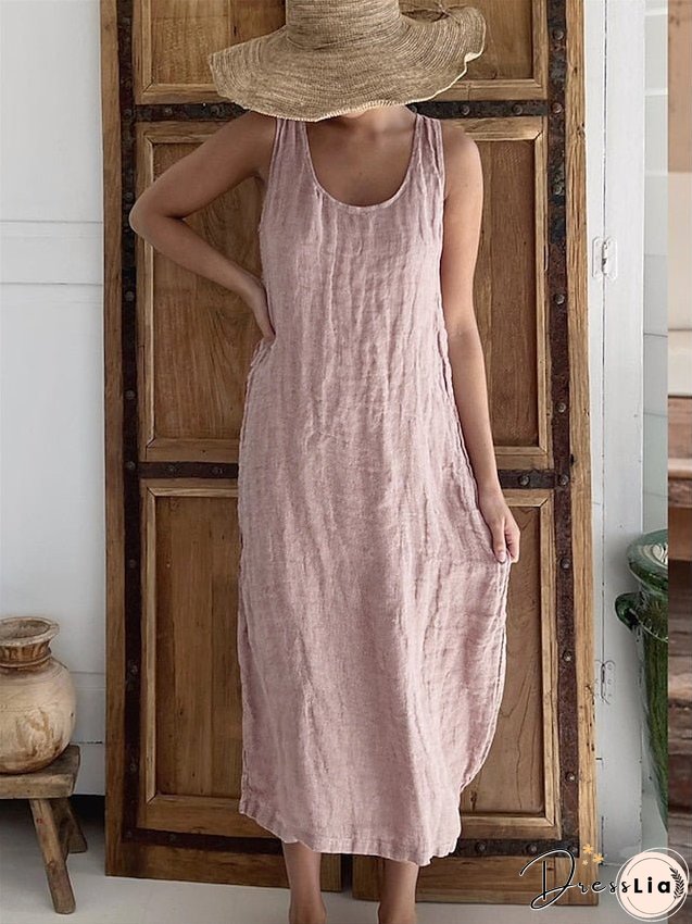 Casual Dress Cotton Linen Dress Tank Dress Midi Dress Linen / Cotton Blend Basic Casual Outdoor Daily Vacation U Neck Basic Sleeveless Summer Spring Regular Fit Black White Pink Plain S for Women