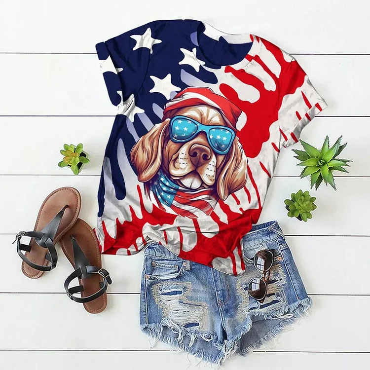 Women's American Flag Color Cute Dog Print Short Sleeve Crew Neck T-shirt