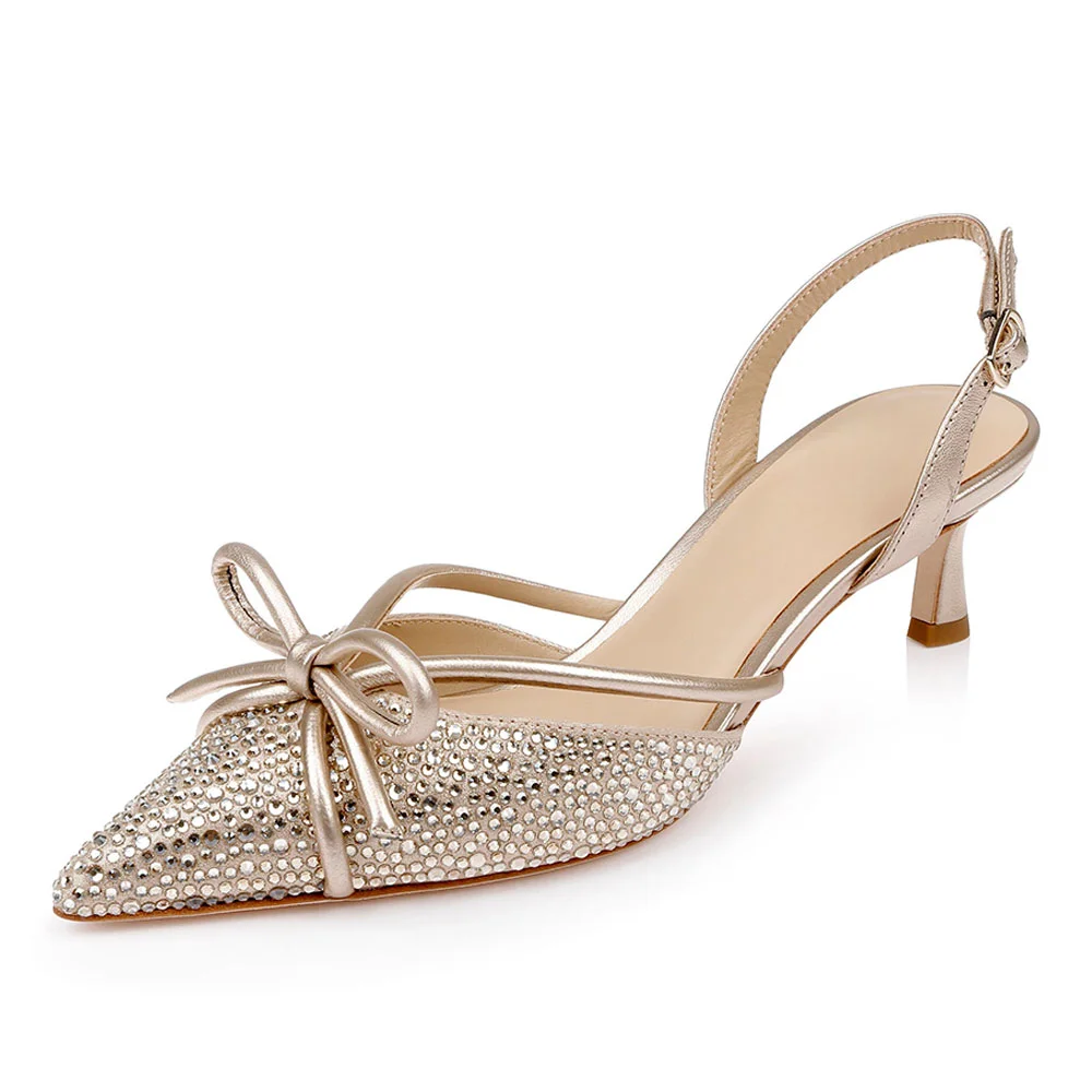 Chic Champagne Kitten Heel Slingback Pumps Shoes with Rhinestones