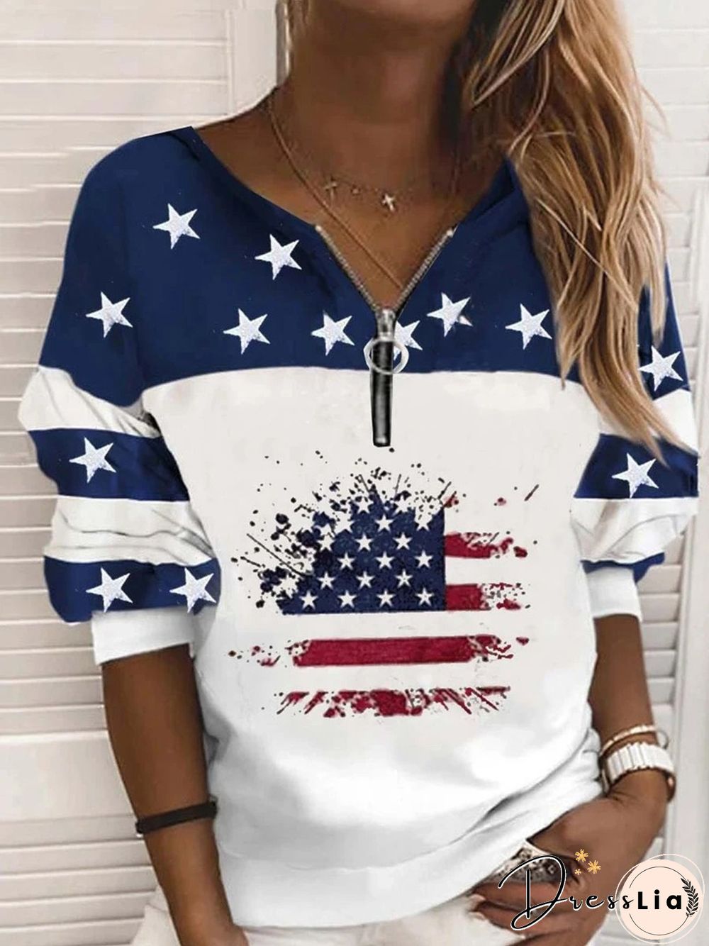 Casual Hippie Stars Zipper Flag Printed Round Neck Sweatshirts