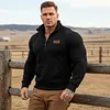 Men's Vintage Western Cowboy Leather Patch Waffle Knit Quarter-Zip Stand Collar Sweatshirt by Inlyline