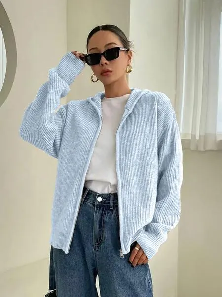 Women's Solid Color Zip Up Hooded Sweater Cardigan, Casual Long Sleeve Knitwear for Fall & Winter, Fashion Ladies' Knit Clothing for Daily Wear
