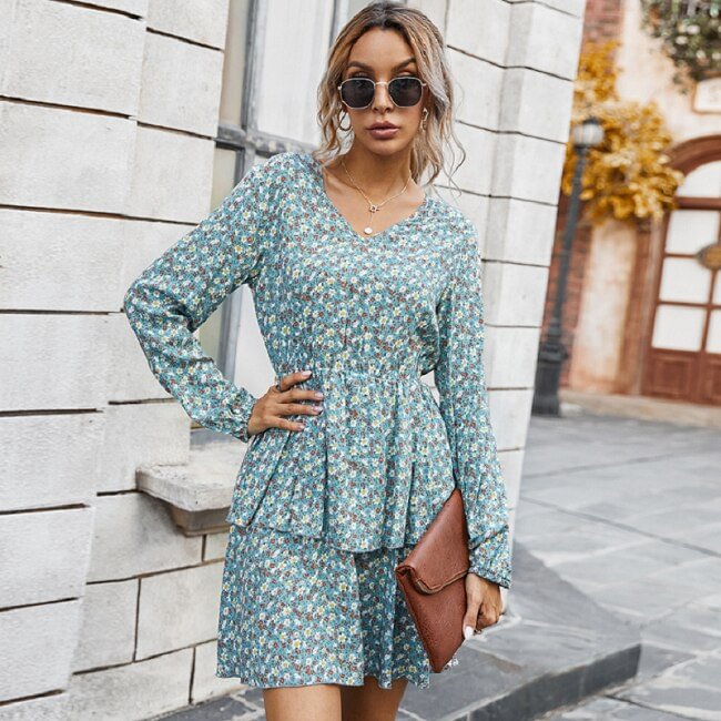 2020 New Casual Dresses For Women Autumn Floral Print Elegant Office Dress Vintage V Neck Long Sleeve Mini Dress Robe Femme