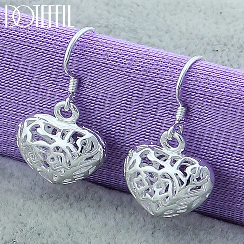 DOTEFFIL 925 Sterling Silver Hollow Heart Drop Earrings For Woman Jewelry