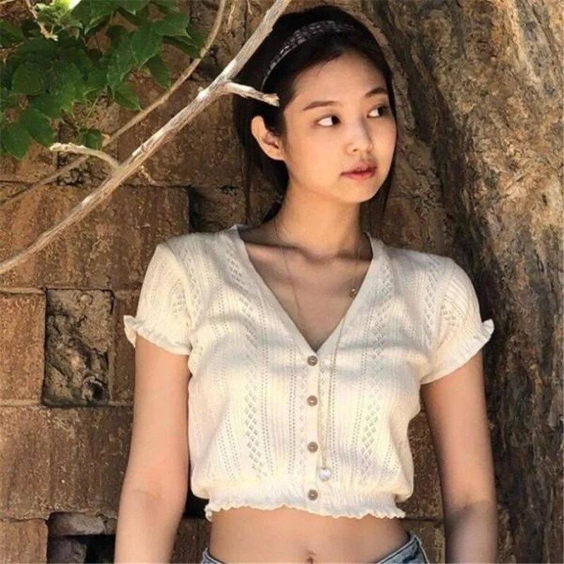 New Summer Casual White Crop Tops Women 2021 Korean Style V Neck Short Sleeve Thin Knitted Tee Shirt Femme Blusa Feminina