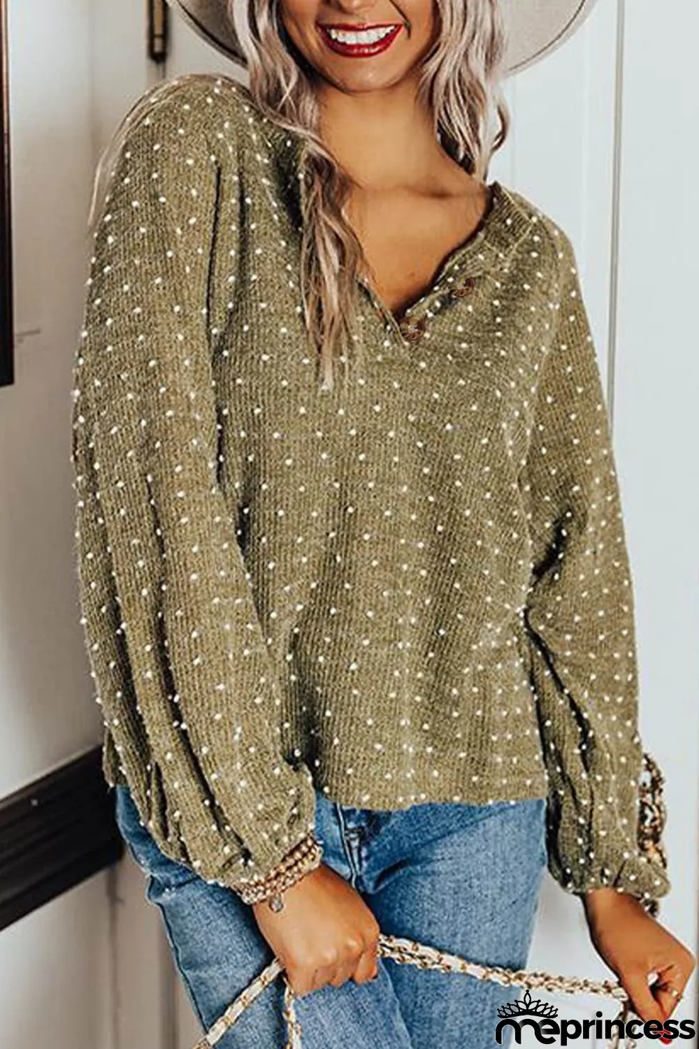 Green Swiss Dot Raglan Sleeves Knit Top