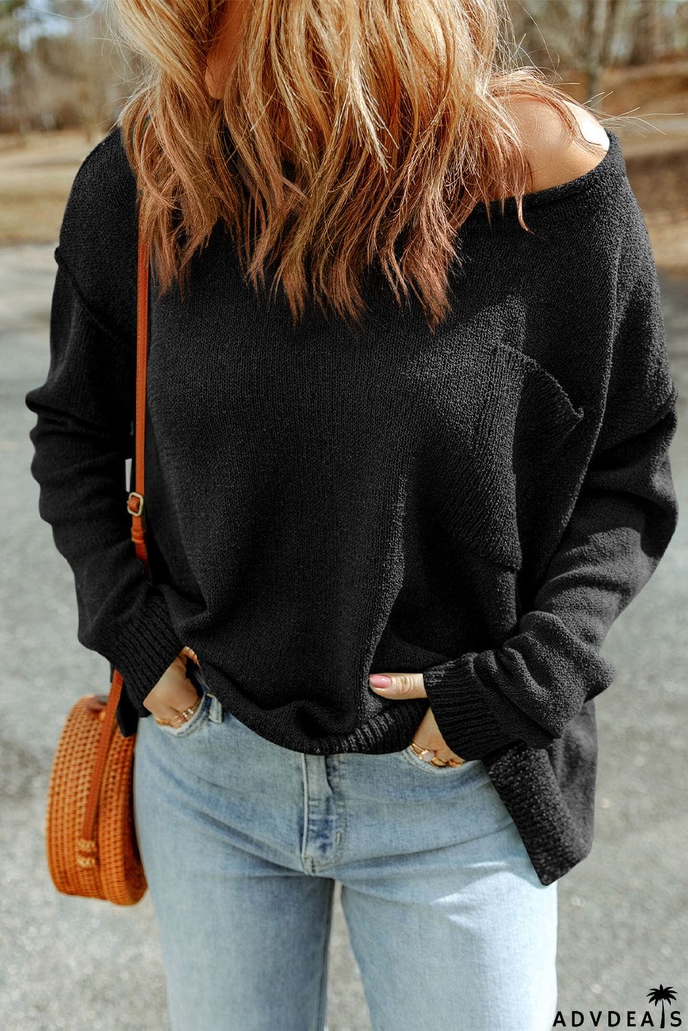 Dropped Shoulder Boat Neck Sweater Pullover with Pocket