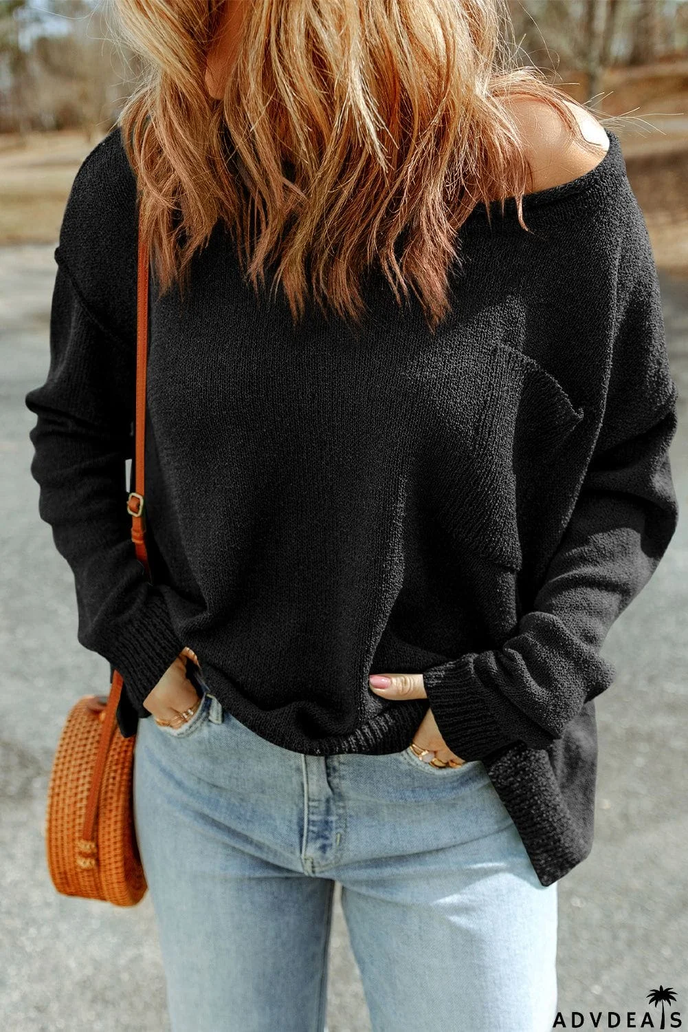 Dropped Shoulder Boat Neck Sweater Pullover with Pocket