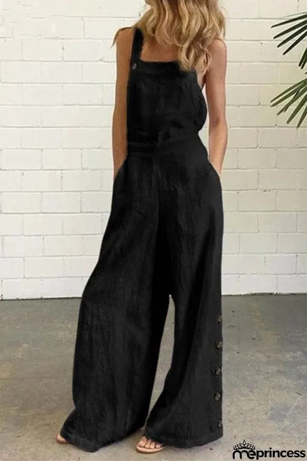 Casual Solid Buckle Square Collar Regular Jumpsuits