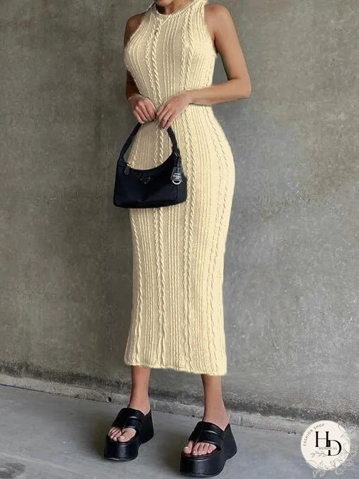 Dresses Round Neck Sleeveless Knit Slim Fit Dress for Women