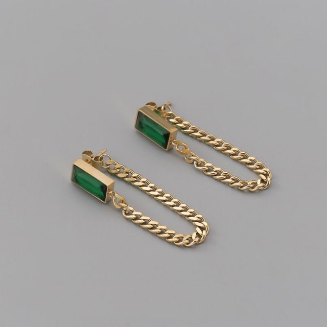 YOY-New Classic Geometric Rectangle Green Crystal  Chain Tassel Earrings
