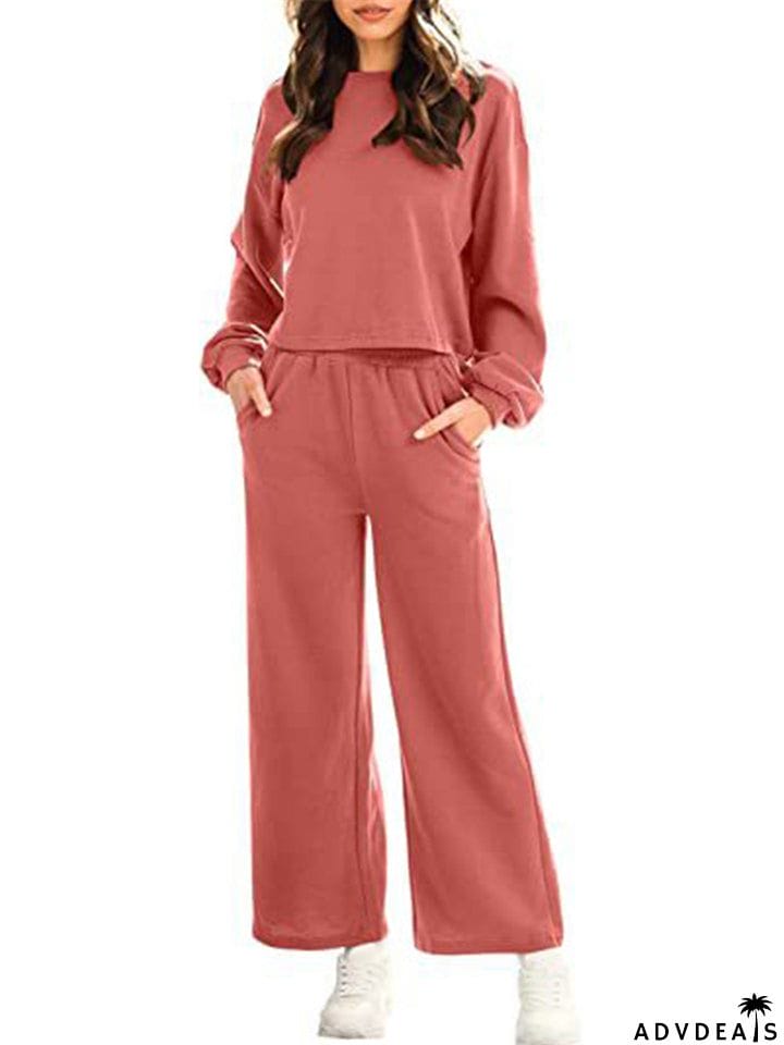 Female Leisure Cozy Pullover Long Sleeve Tops + Pocket Sweatpants