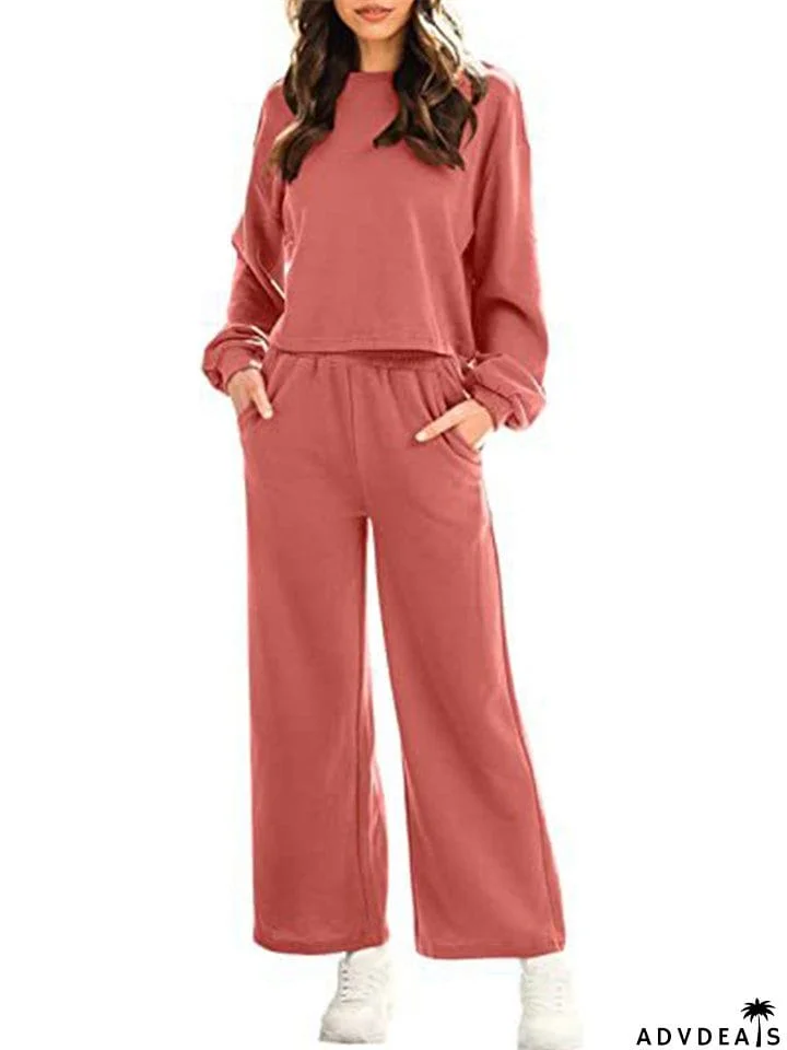 Female Leisure Cozy Pullover Long Sleeve Tops + Pocket Sweatpants