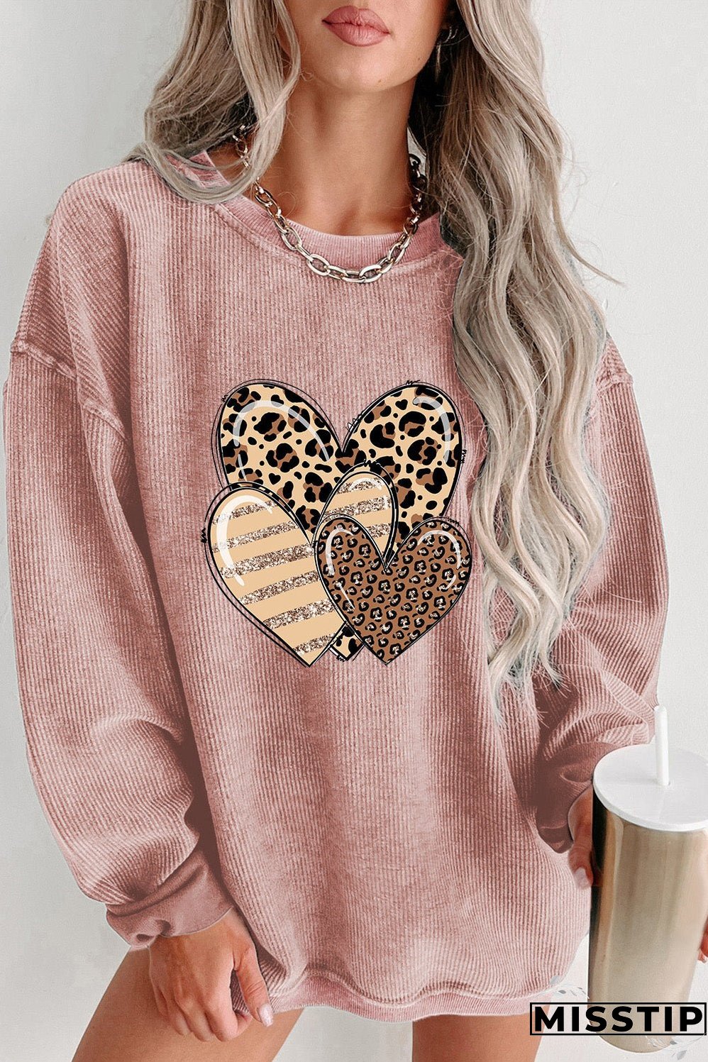 Pink Leopard Heart Shape Corded Loose Fit Sweatshirt