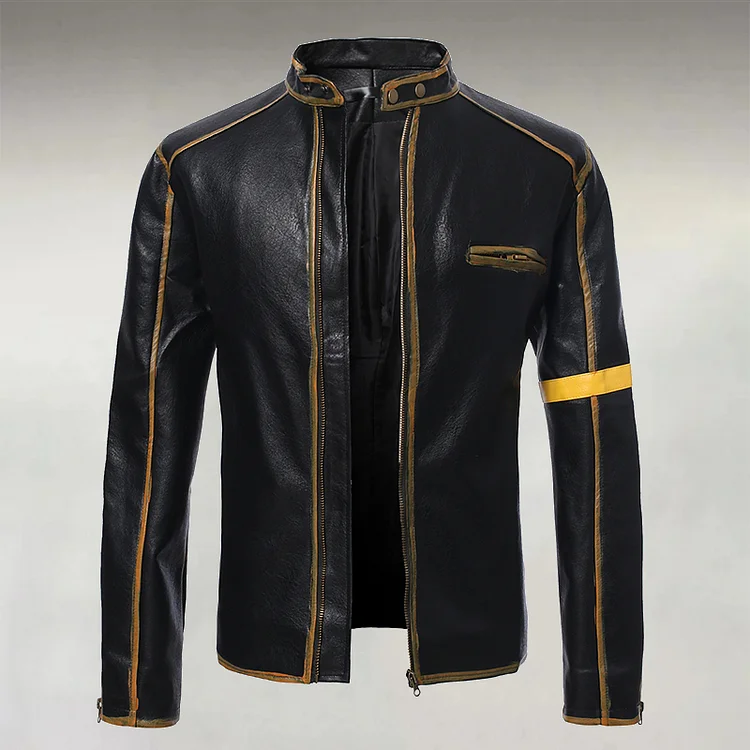 Men's Retro PU Leather Stand Collar Zipper Chest Pocket Long Sleeve Striped Jacket