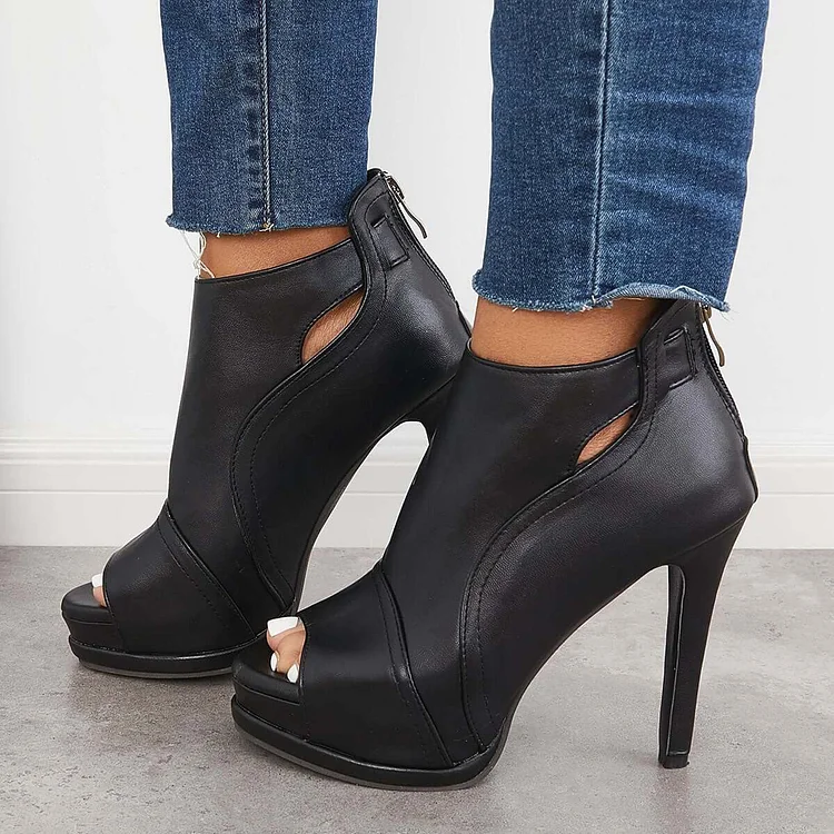 Women's Black Peep Toe Stilettos Platform High Heel Ankle Boots shopify Stunahome.com
