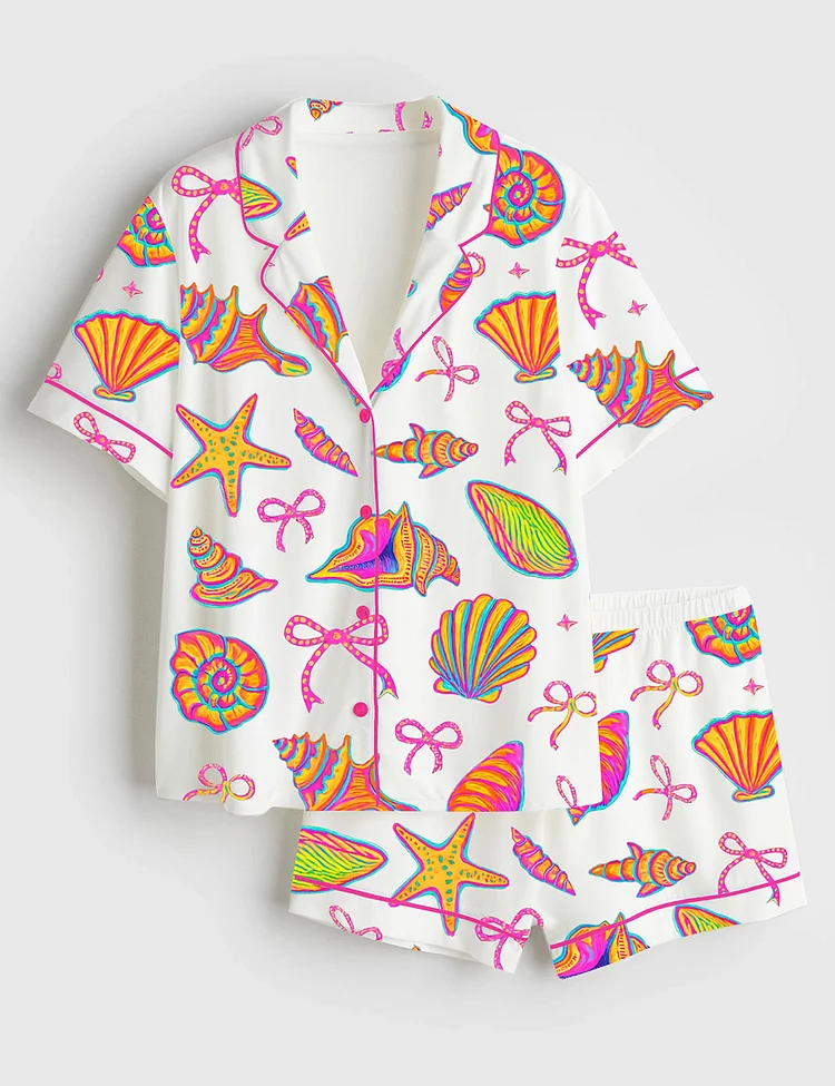 Women&rsquo;s Coquette Seashell Beach Coastal Retro Summer Vibes Print Short Sleeve Satin Pajama Set