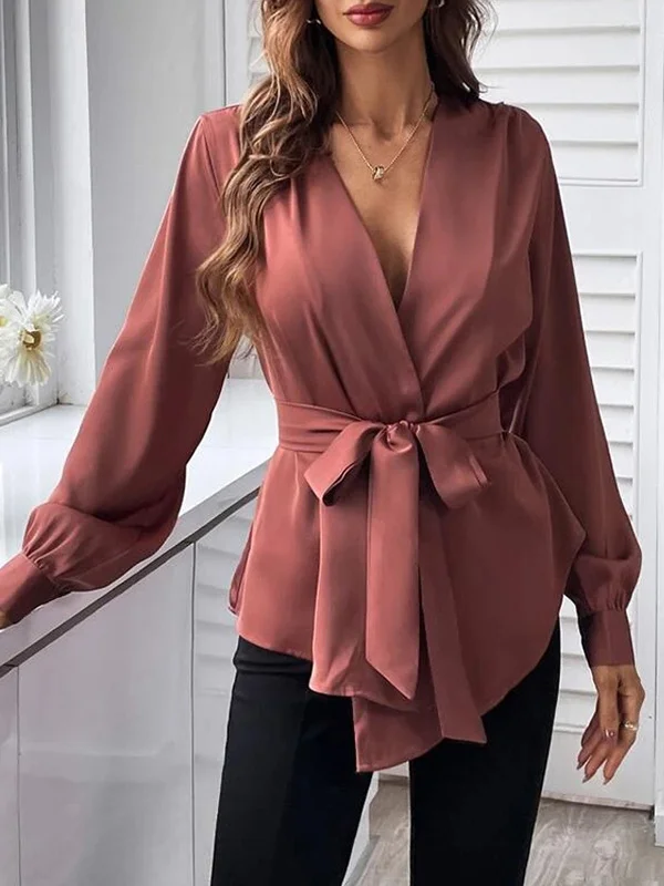 Tied Waist Split-Joint Solid Color Pleated Puff Sleeves Loose V-neck Blouses&shirts Tops