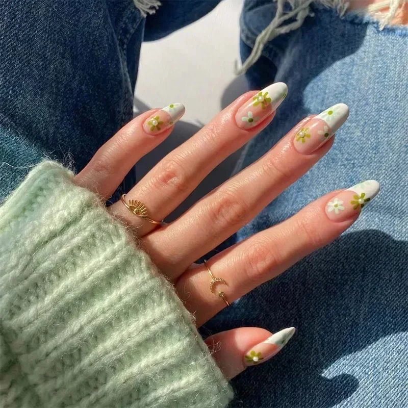 Lidudu French Press on Fake Nails with Flowers Designs Summer Blue Short Almond False Nails Wearable French Full Cover Press on Nails