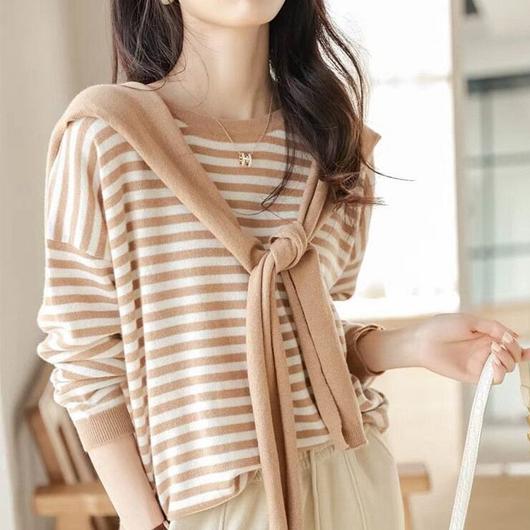 Paneled Long Sleeve Knitted Stripes Sweater QueenFunky