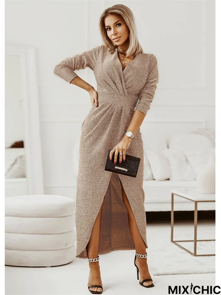 Long Sleeve Sexy V-Neck Slit Dress Skirt