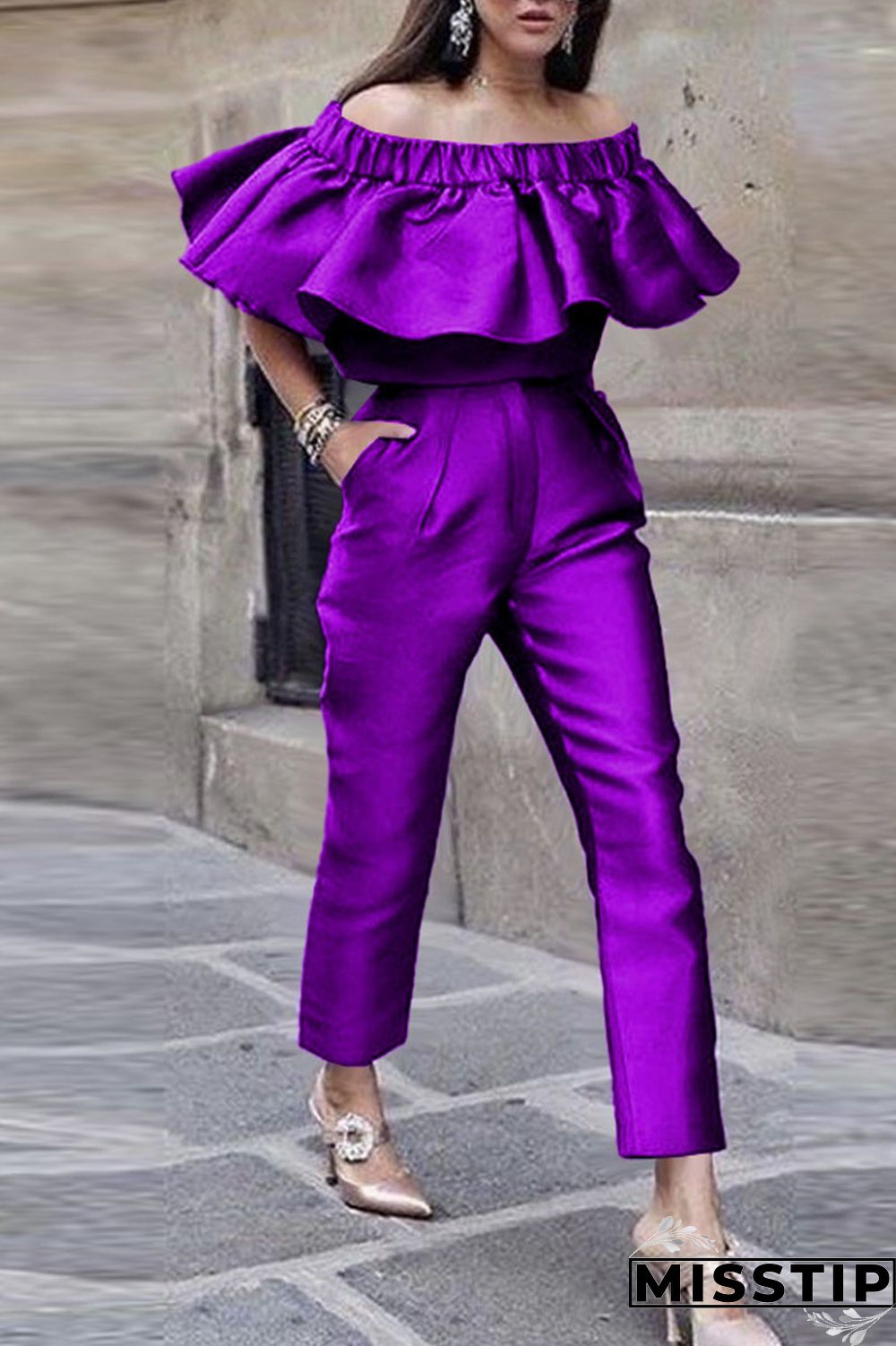 Purple Casual Solid Patchwork Flounce Off the Shoulder Half Sleeve Two Pieces