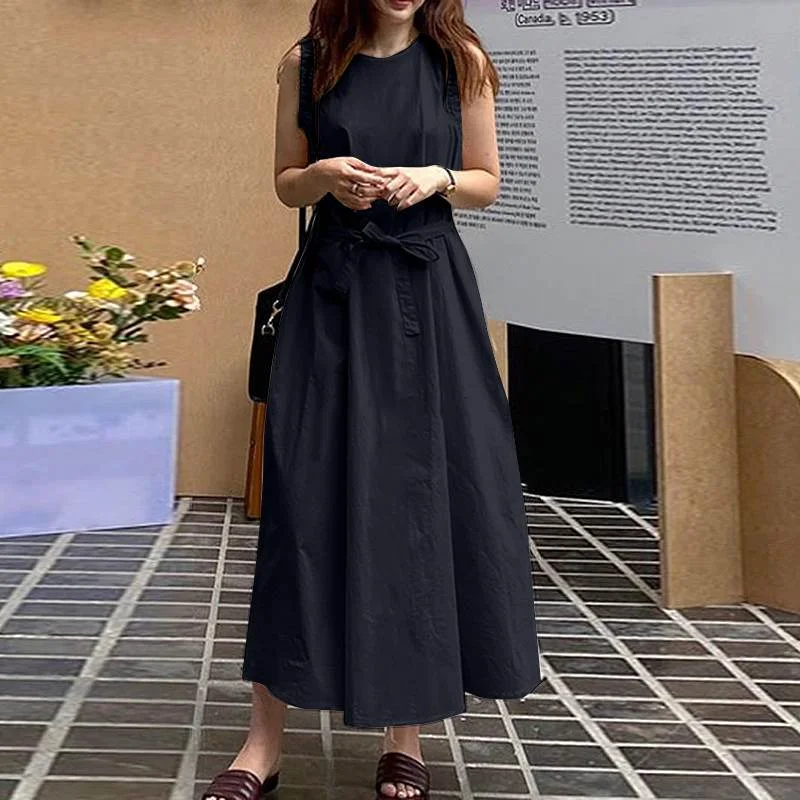 Women Summer Sundress 2022 ZANZEA Kaftan Solid Maxi Dress Sleeveless Beach Vestidos Belted Female Holiday O neck Robe