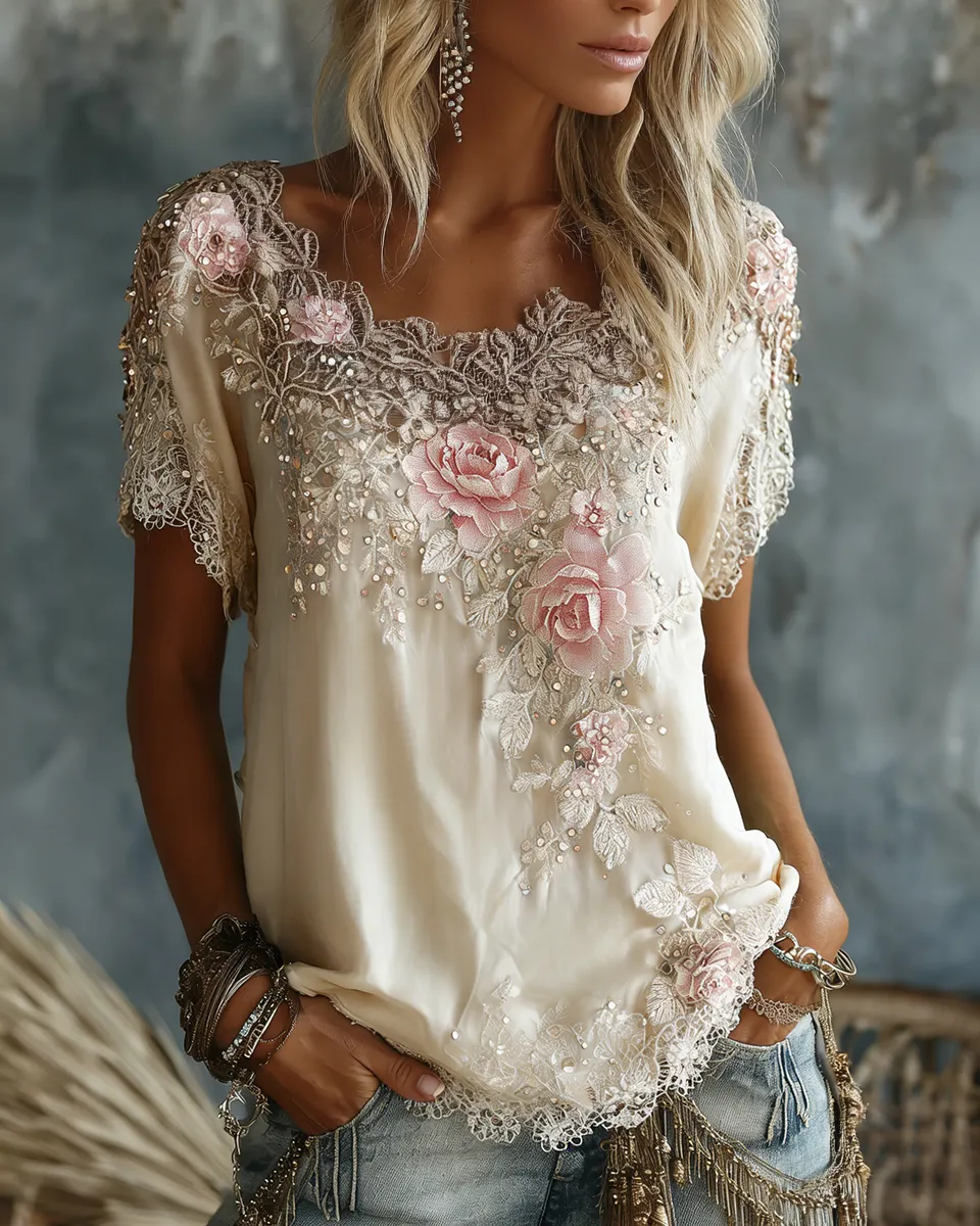 Women's Vintage Rose Floral Art Flowy Linen Blend Casual Tops