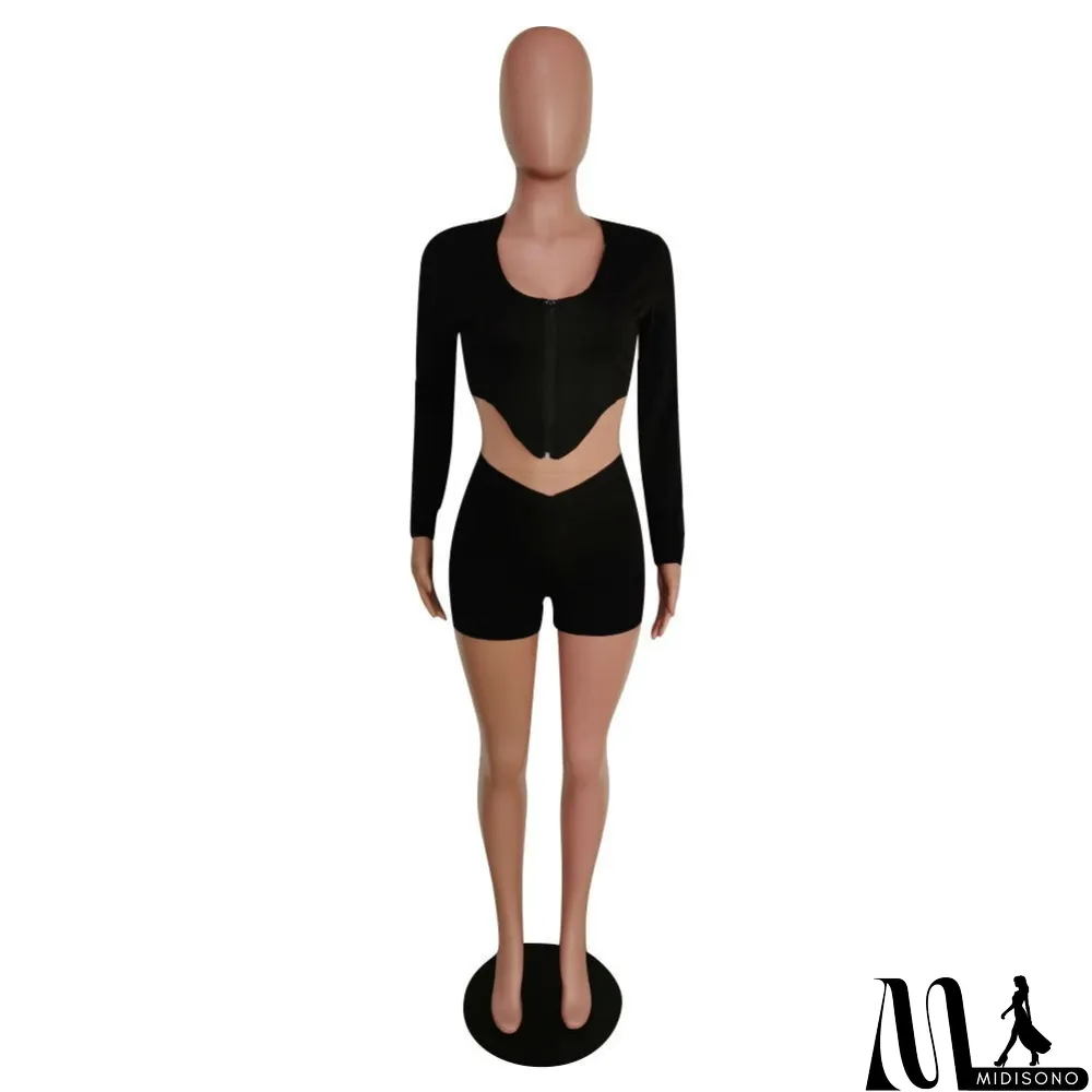 MidiSono - Sports Hoody Zipper Crop Top and Shorts Set