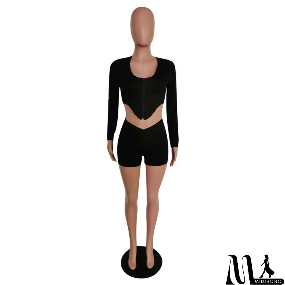 MidiSono - Sports Hoody Zipper Crop Top and Shorts Set