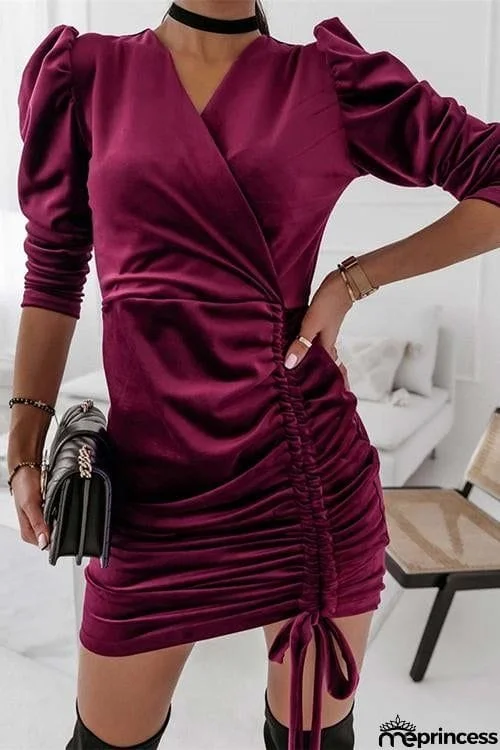 Velvet Drawstring Puff Sleeve Dress