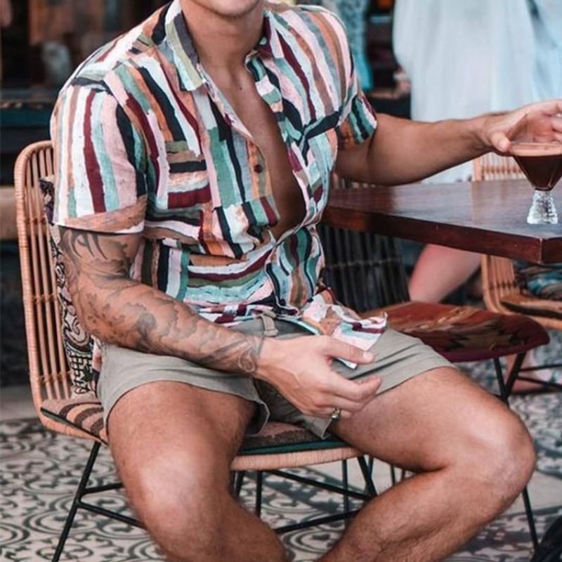 Men's Vintage stripe printed short sleeve shirt