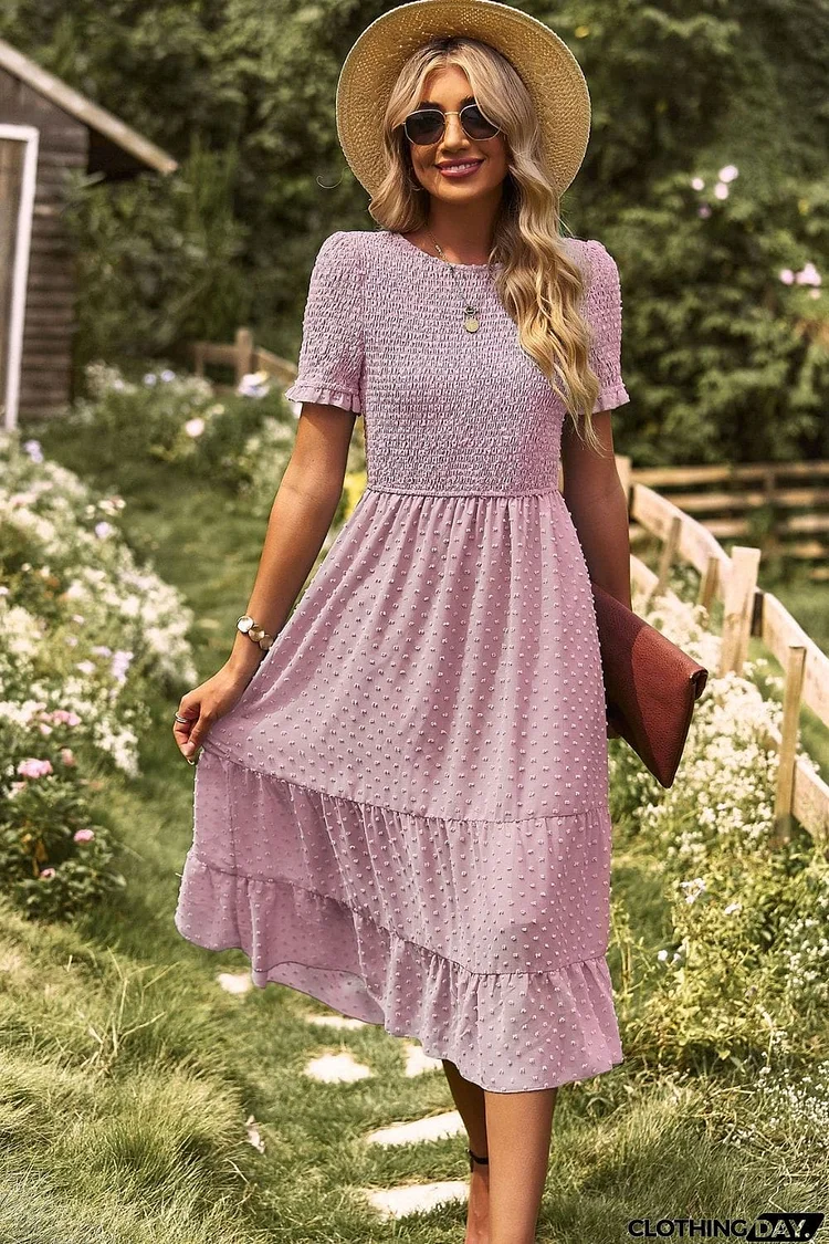 Swiss Dot Smocked Round Neck Short Sleeve Midi Dress