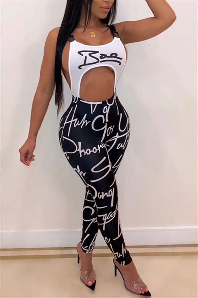 Sexy Buckle Sling Letter Printed Jumpsuit