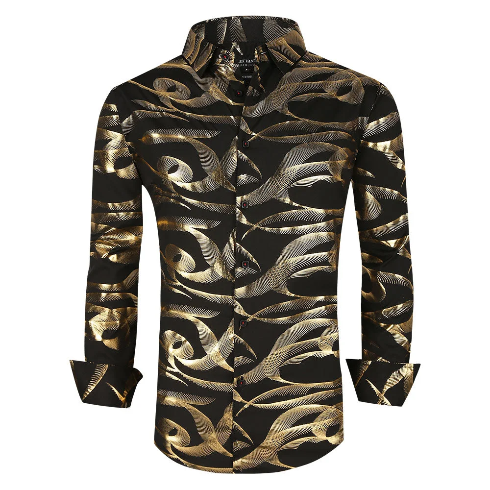 Men's Nightclub Long Foil Printed Shirt Golden/Black Alex Vando Fashion