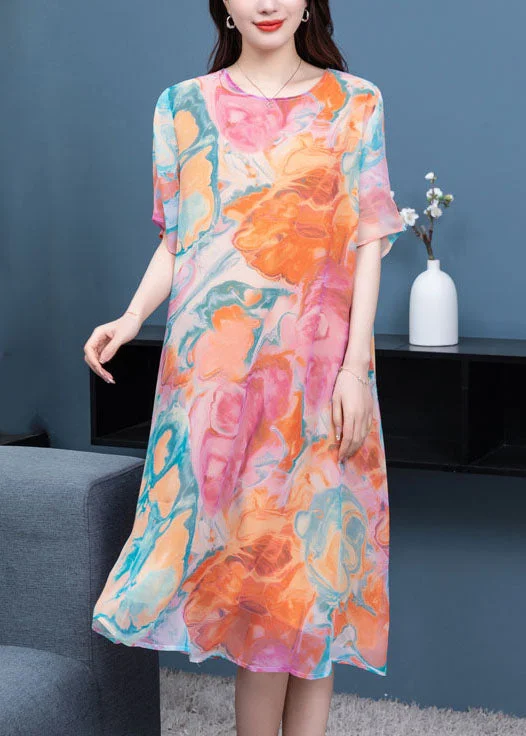 Loose Orange O Neck Print Patchwork Chiffon Mid Dress Summer