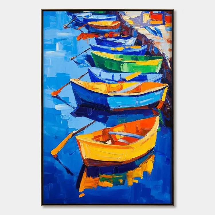 RAINBOW HARBOR: Vibrant Impasto Boatscape Oil Painting（Canvas painting）
