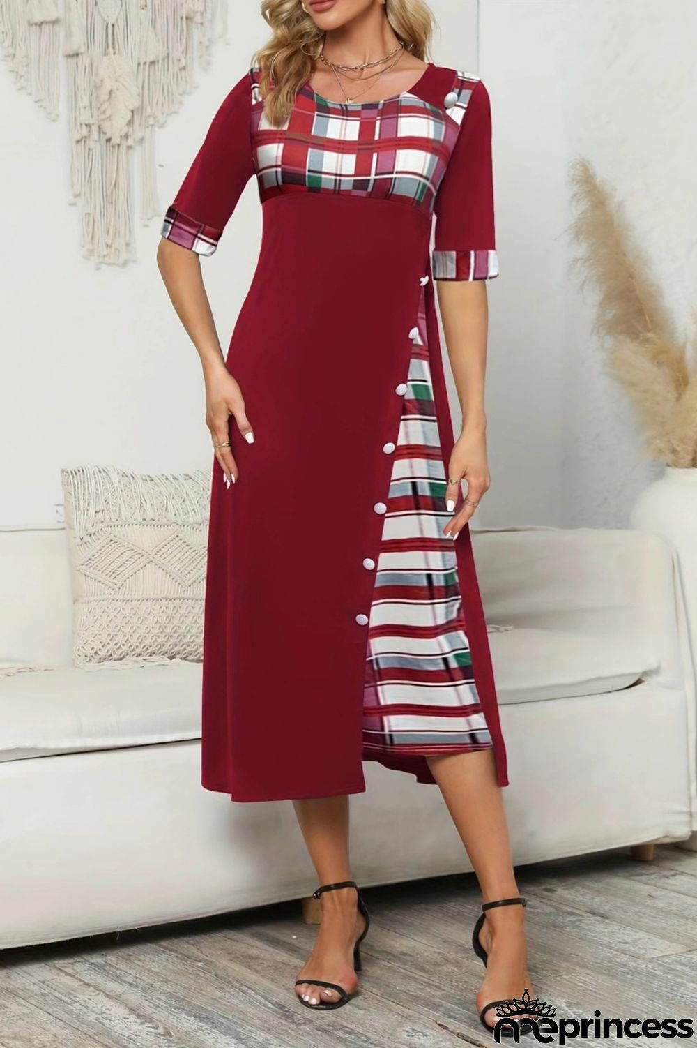 Casual Plaid Print Patchwork O Neck Short Sleeve Dress Dresses