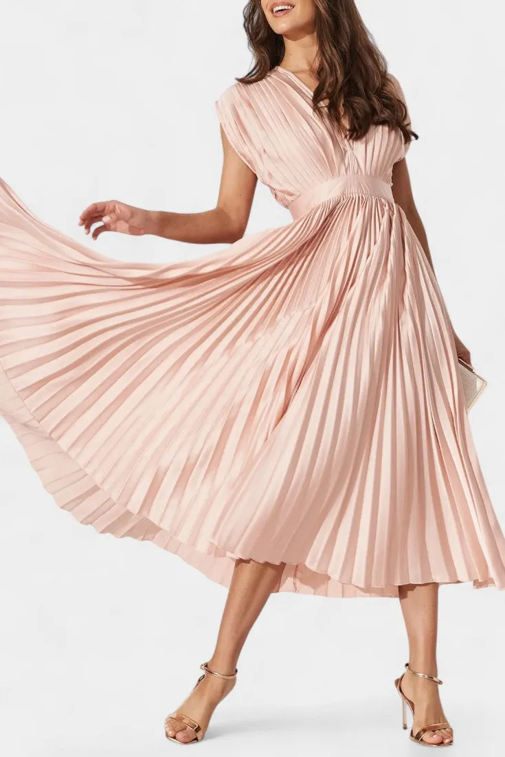 Pleated V-Neck Midi Dress with Flowing Skirt