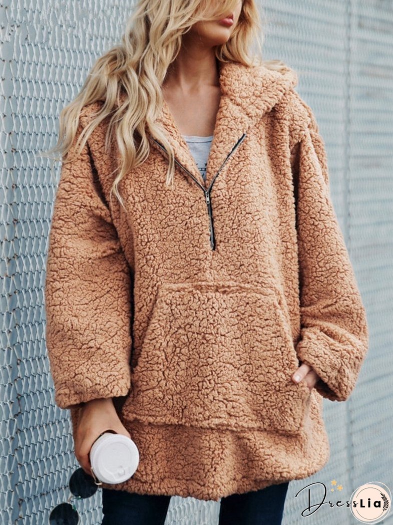 Autumn And Winter Hooded Plush Thick Loose Sweater Coat