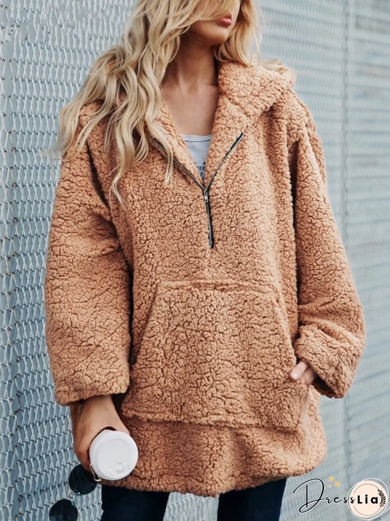 Autumn And Winter Hooded Plush Thick Loose Sweater Coat