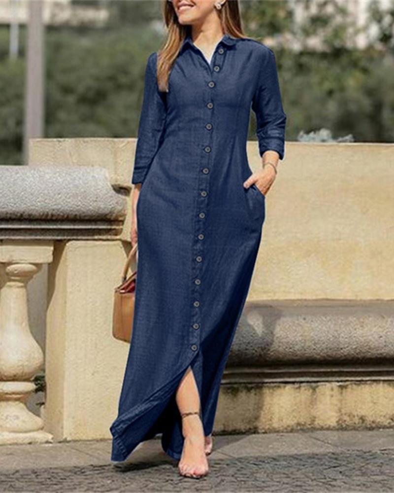Women's Solid Color Button Front Denim Style Dress