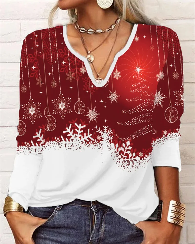 Christmas Snowflake Long Sleeve V-Neck T-Shirt