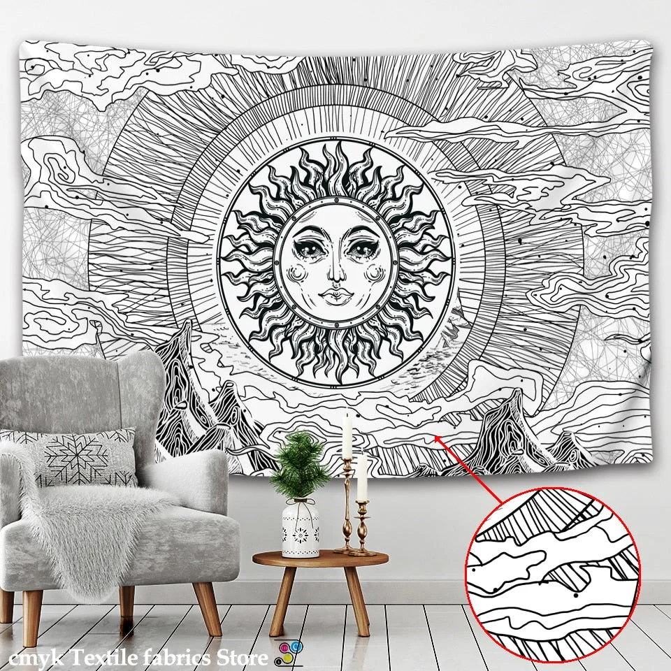 White Black Sun Moon Mandala Tapestry Wall Hanging Celestial  Hippie  Carpets Dorm Decor Psychedelic Witchcraft Halloween