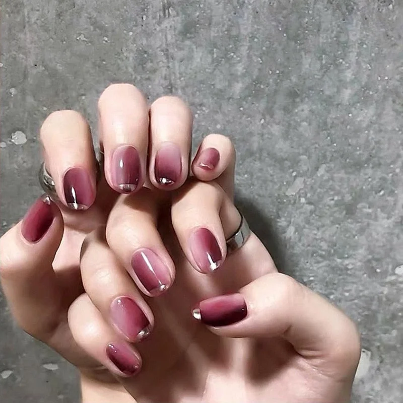 24pcs French False Nails Gradient Hit Color Fake Nail Press On Nail Manicure Nail Art Decoration Fullcover Tips With Glue-Nail Inspo