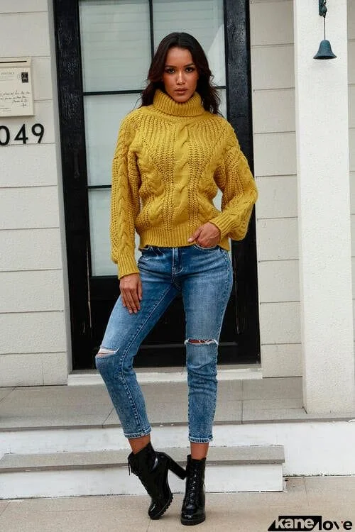 Cable-Knit Turtleneck Long Sleeve Sweater