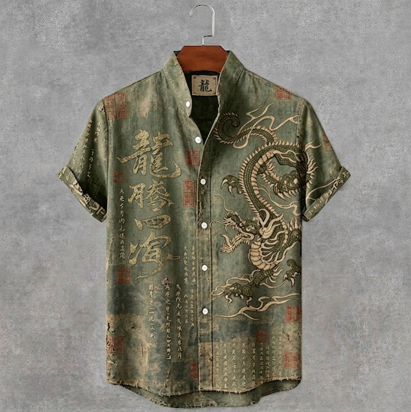 Men's Japanese Style Dragon And Calligraphy Art Print Short Sleeve Shirt elevenforest