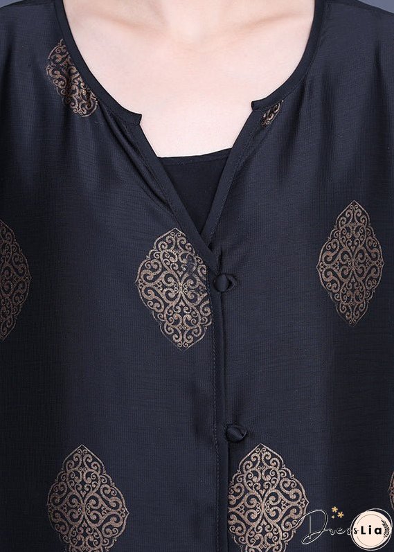 Vintage Black Side Open V Neck Silk Long Top And Pants Two Piece Set Outfits Summer