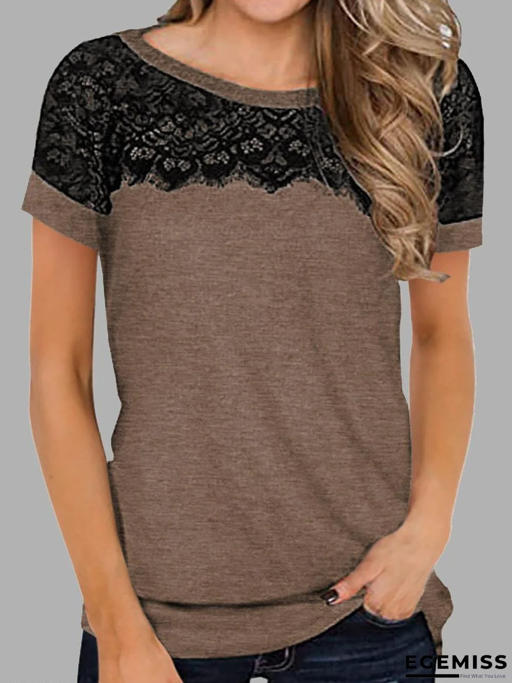 Casual Solid Color Round Neck Short Sleeve Lace Panel T-Shirt | EGEMISS