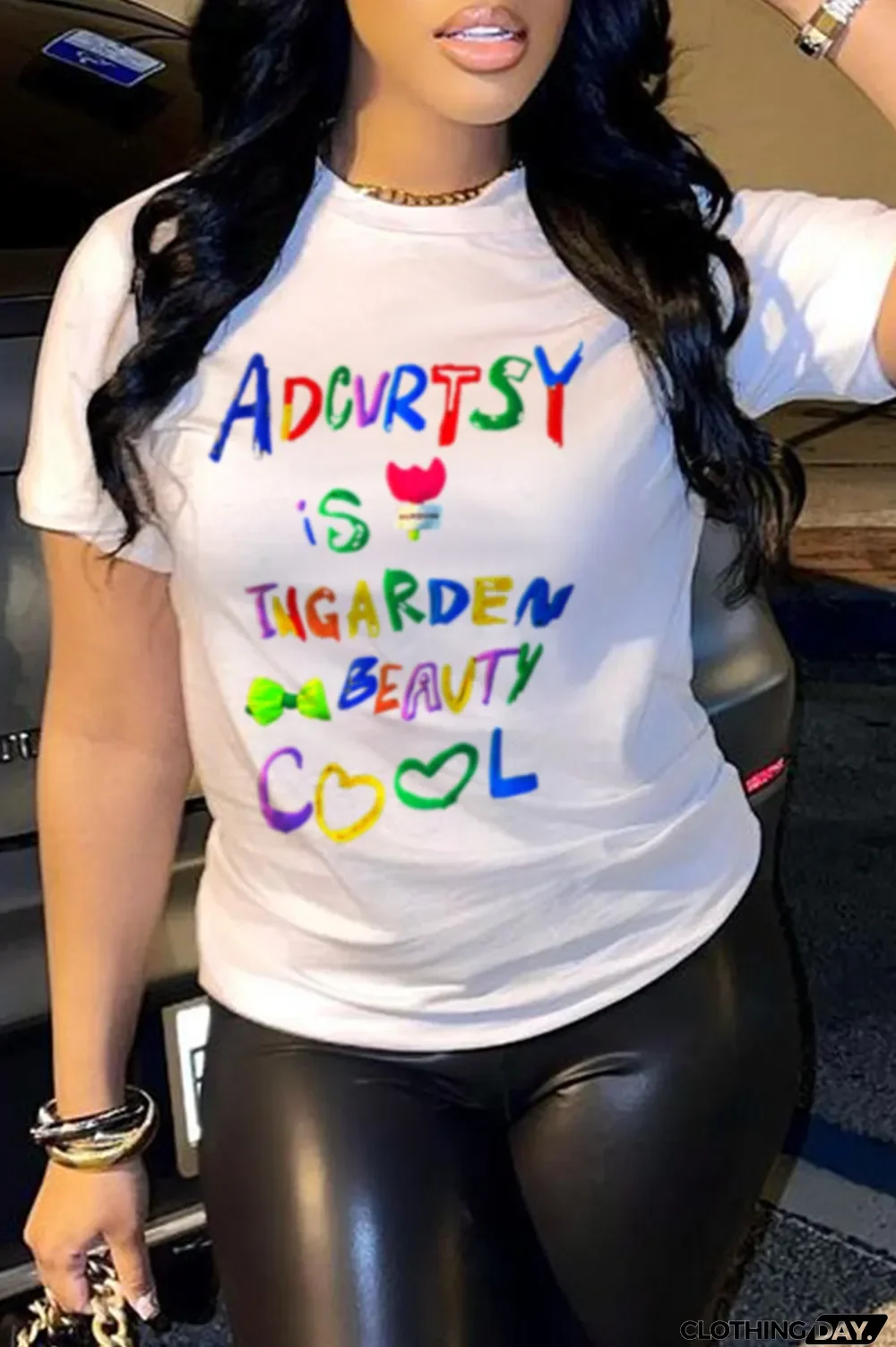 White Fashion Cute Print Patchwork Letter O Neck T-Shirts